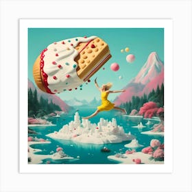 Girl Flying Over A Cake Art Print