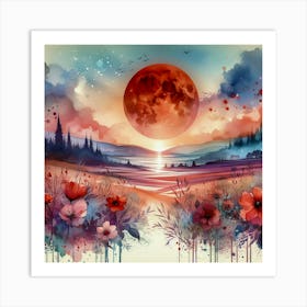 Moon And Flowers Art Print