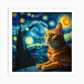 van goth Starry Night Cat 2 Art Print