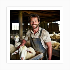 Sheep Farmer In A Barn Art Print