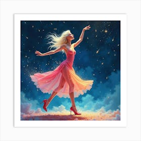 Lady Gaga In Watercolor Stardust, Dancing Under A Night Sky Full Of Comets 1 Art Print