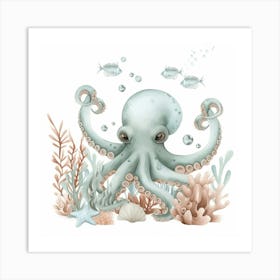 Storybook Style Octopus With Fish 2 Art Print