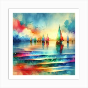 Sea Boats Artwork Painting Square Art Print