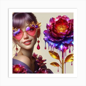 Girl With Glasses And Flowers Art Print