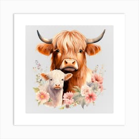 Watercolor Spring Mama And Baby Highland Cows Art Print