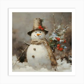 Snowman With Flowers 1 Art Print