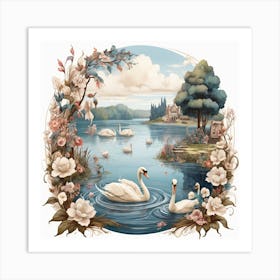 Lake and Swans in Boho Style Art Print