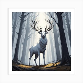 A White Stag In A Fog Forest In Minimalist Style Square Composition 31 Art Print