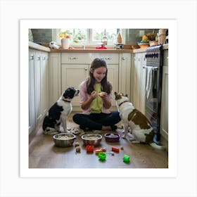 Girl And Her Dogs Art Print