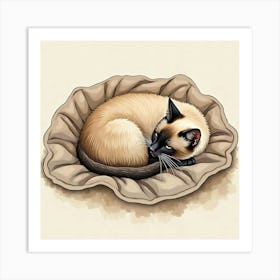 A Sleek Siamese Cat Curled Up On A Cozy Blanket With Its Owner, Watercolor 1 Art Print