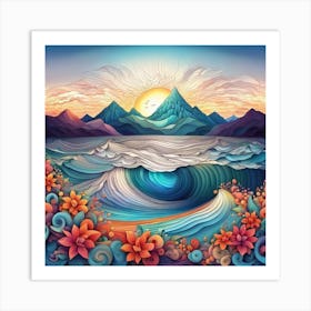 Ocean Waves And Flowers Art Print