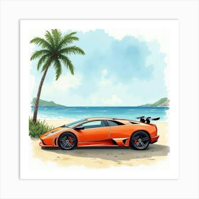 Lamborghini Murciélago In Watercolor Near A Tranquil Beach Scene 1 Art Print