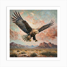 Stunning Big Male American Eagle Soaring High In The Sky Looking Down On The Desert Ground Art Print