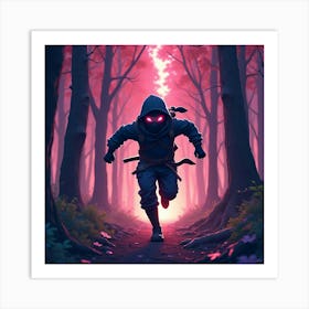 Ninja Sprinting Through A Forest Of Bright, Glowing Colors 1 Art Print