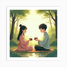 Young Japanese Couple Sharing Tea In A Zen Garden, Surrounded By Soft Light, Watercolor Art Print