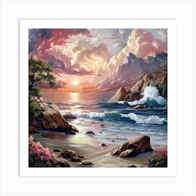 Blooming Shore Under A Sunset Sky Art Print