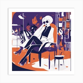 Drew Illustration Of Woman On Chair In Bright Colors, Vector Ilustracije, In The Style Of Dark Navy (1) Art Print