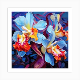 Blue And Orange Orchids Art Print