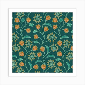 TANGLED Boho Floral Botanical Vines in Cottage Garden Brown Pink Chartreuse on Dark Teal Art Print