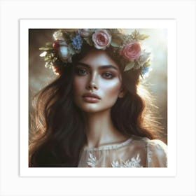 Beautiful Woman With Flower Crown Art Print