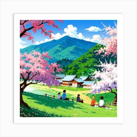 Japan village with cherry blossom tree and mountain Art Print