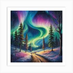 Aurora Borealis Starry Pathway Vibrant Landscape Art W 1 Art Print