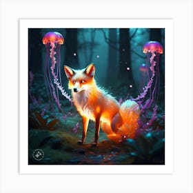 Fox Jellyfish Hybrid A Glowing Fox With Jellyfish Art Print