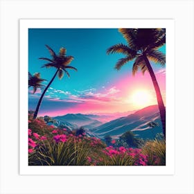 Sunset In The Mountains, Tropical Landscape With Palm Trees, blue sky, wall art, trees, flowers, and sun. good look, 1 Art Print