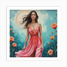 Trendy Lady In Watercolor Dress, Artistic Street Mural 1 Art Print