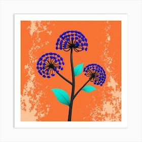 Blue Flowers On An Orange Background Art Print