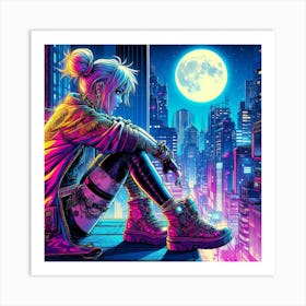 Neon Punk Girl Sitting On Ledge Of A City Poster