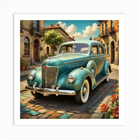 Old Car On Cobblestone Street Art Print