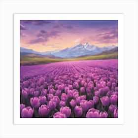 A field of purple tulips and a clear sky with some clouds and mountains Art Print