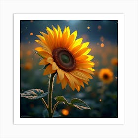 A Dreamy Sunflower With Petals Of Cascading, Neon Light Blooming In A Surreal Meadow 1 Art Print