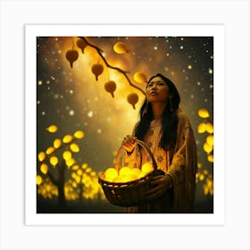 Asian Woman Holding A Basket Art Print