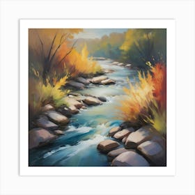 An abstract painting of a river, with bold brushstrokes and a mix of warm and cool tones, evoking a sense of movement and tranquility. Art Print