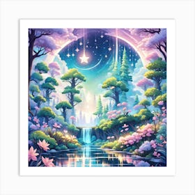 A Fantasy Forest With Twinkling Stars In Pastel Tone Square Composition 453 Art Print