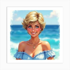 Radiant Princess Diana, Smiling, With A Colorful Watercolor Ocean Scene Art Print