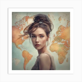 Portrait Of A Girl With A World Map Art Print