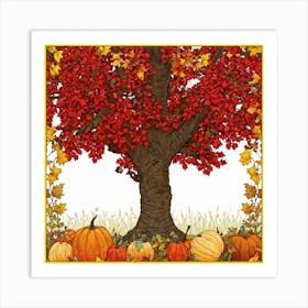 A Seasonal And Highly Detailed Illustration Featuring A Sun Dappled Oak Its Red And Brown Leaves Da (2) Art Print