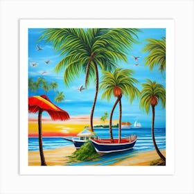 Beach Scene With Palm Trees 4 Art Print