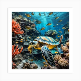 Turtle Beside A Coral Reef Art Print