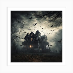 Haunted House With Bats Art Print