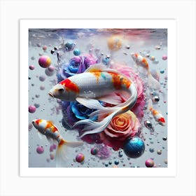 Koi Fish And Roses Underwater Color Illustration Art Print