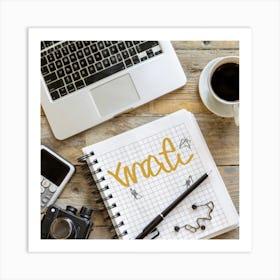 An overhead shot of a well-organized and visually appealing desk with a laptop, notebook, and a cup of coffee, representing productivity and a conducive work environment. This image can be applied across various industries for website banners, social media posts, or marketing materials Art Print