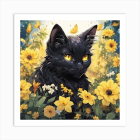 Black Cat In Flowers 1 Art Print