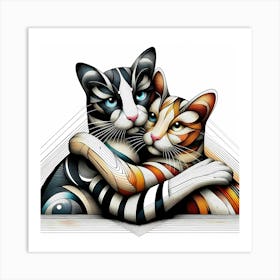 Cats Hug - Abstract Line Art Illustration 18 Art Print