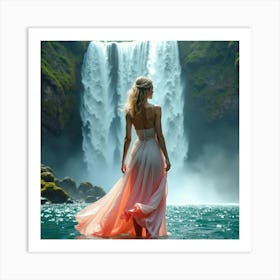 Fashionable Woman In Watercolor Dress, Majestic Waterfall 1 Art Print