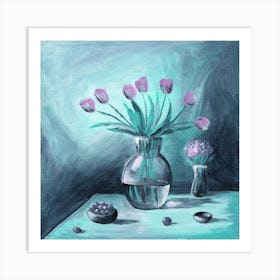 Tulips And Fruits - square mint teal painting floral flowers hand painted living room bedroom Art Print