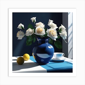 Blue Vase on Stripe Tablecloth with Spray of Roses, Lemons, Cup and Saucer Affiche